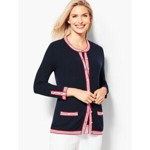TALBOTS PETITE Medium Navy Blue Red Textured Knit Pearl Cap Button Cardigan
